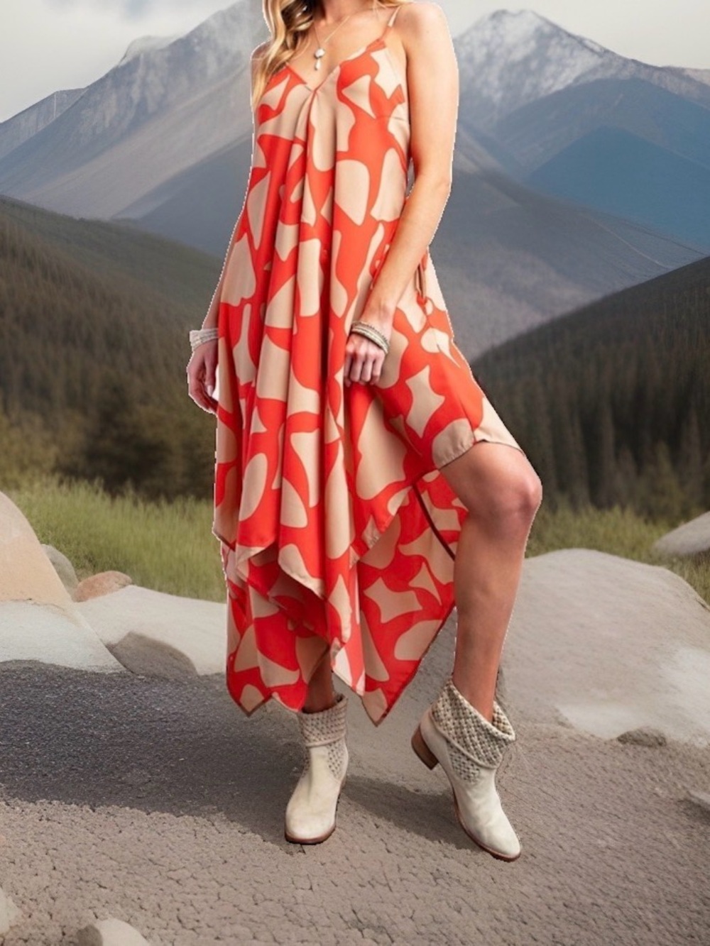 easel BN Soleil Asymmetrical Handkerchief Hem Mid Maxi Dress Coral/Tan